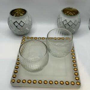 Votive holder set with White Square Tray with Gold Studs